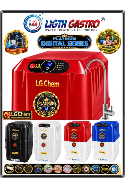 ligth gastro LG PLATINUM DİJİTAL & POMPALI & MONTAJ DAHİL 12 Litre 7 Filtre 14 Aşama 90 GPD Membranlı KIRMIZI RENK Su Arıtma Cihazı