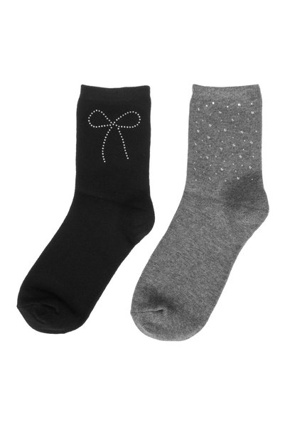 DD SHOP Sosete Dama Negre Gri cu Fundita Argintie cu Stras (36-41) - 2 perechi