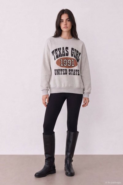 Quzu Women's Beige Sweatshirt with Print and Embroidery Details.