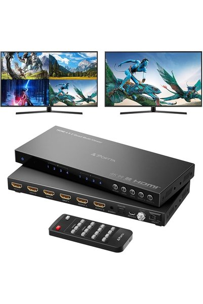 Portta مفتاح عرض متعدد HDMI 4x1 مع خاصية PIP، مفتاح عرض رباعي متعدد بدون انقط...