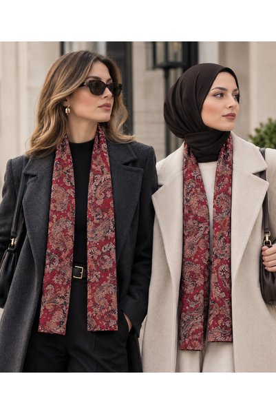 TİCARET ATÖLYESİ وشاح بنقشة باللون العنابي مع منديل جيب كهدية (يتم إرسال وشاح...