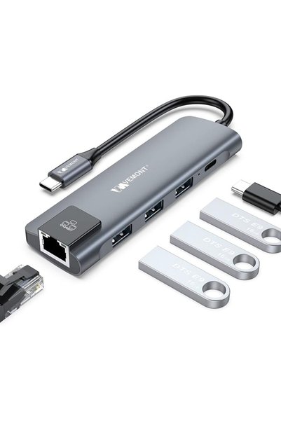 VEMONT محول USB-C متعدد المنافذ، 5 في 1، مع منفذ إيثرنت جيجابت، و3 منافذ USB ...