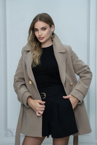 Eccim Fashion Sırt Fermuar Detaylı Kemerli Sade Şık Kısa Kadın Palto Kaban