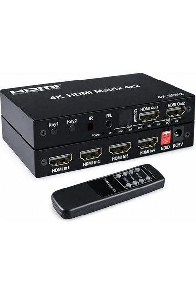 FUJISHKA محول HDMI 4x2 بدقة 4K@60Hz مع جهاز تحكم عن بعد – 4 مداخل و2 مخرج، يد...