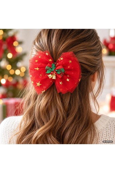 DD SHOP Clemă de păr cu fundă aurie și stea, roșie, accesoriu festiv pentru C...