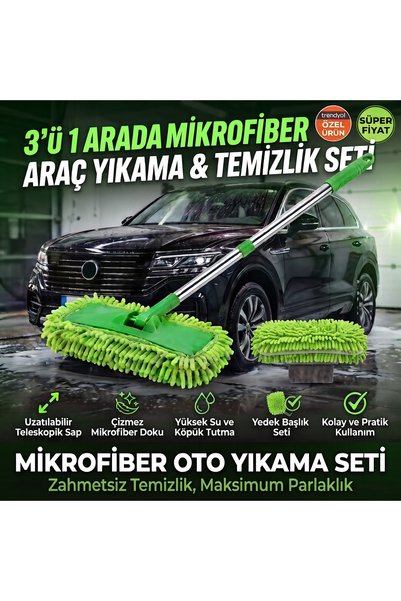 3'ü 1 Arada Uzatılabilir Teleskopik Saplı Mikrofiber Oto Yıkama Fırçası ve Yedek Başlık Seti