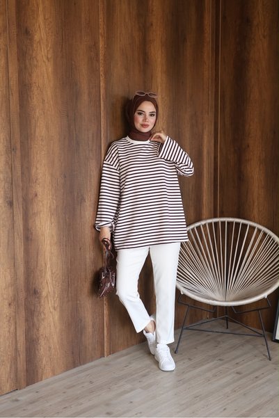 Generic Brand Women's Modal Fabric Crew Neck Striped Oversized Blouse - Sweat...