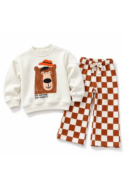 Patriko Boys and Girls Printed 3-Thread Cotton Sweatshirt and Checkered Pants Set