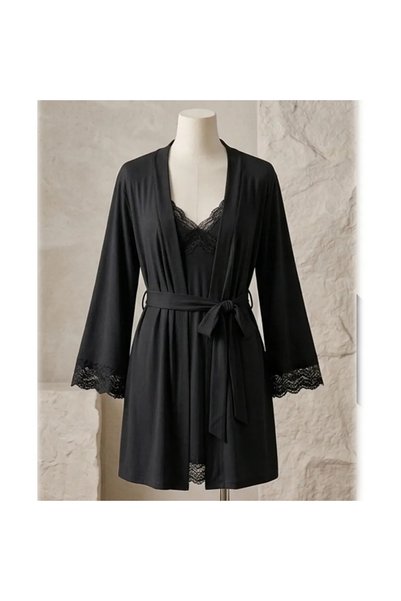 Caprisious Ribbed Nightgown & Robe Set with Lace Trim – Black