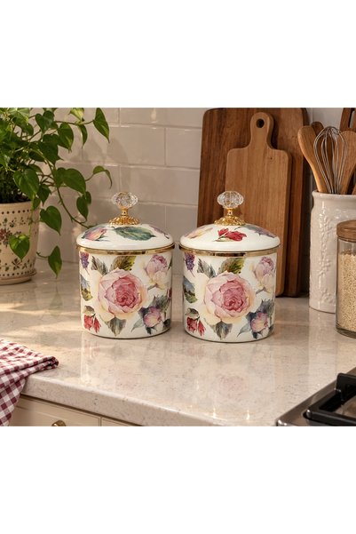 EMAYE EVİM Rose Design 2-Pack Enamel Jar Set – Tea, Sugar, and Coffee Jars