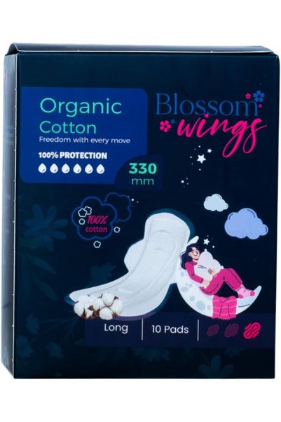 blossom wings فوط صحية ليلية 330 مم، طبقة علوية من القطن العضوي، للتدفق الثقي...