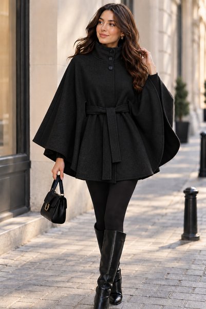 SERAPA Women's Belted Buttoned Poncho Coat, Stand-Up Collar, Cape Style, Stan...