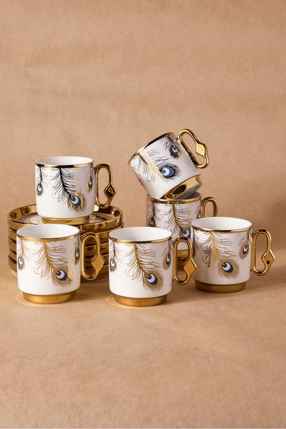 TR Set of 6 Porcelain Coffee Cups with a Peacock Design.