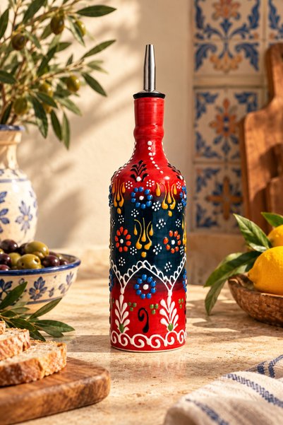 Ardelune El Yapımı Seramik Zeytinyağlık 300 ml – El Boyaması Kabartmalı Desen...