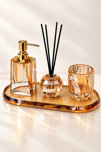 ChaCha Home Amberelle 4’lü Kristal Görünümlü Banyo Seti – Amber Bal Rengi – S...