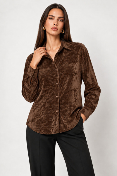 Nuevo Women's Brown Velvet Shirt, Long Sleeve, Button-Down Collar, Stylish, C...
