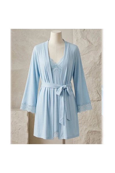 Caprisious Ribbed Nightgown & Robe Set with Lace Trim – Light Blue