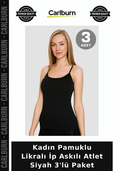 Carlburn Premium Women's Cotton Lycra String-Strap Tank Top, Black, 3-Pack, S...