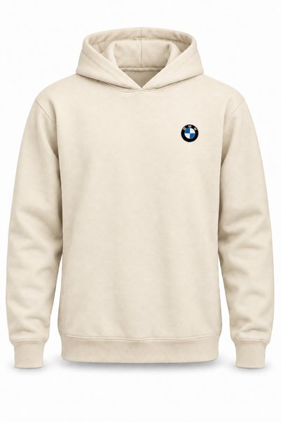 Alfa Tshirt سويت شيرت بدون جيوب بغطاء للرأس، مطبوع عليه شعار BMW بتصميم بسيط.