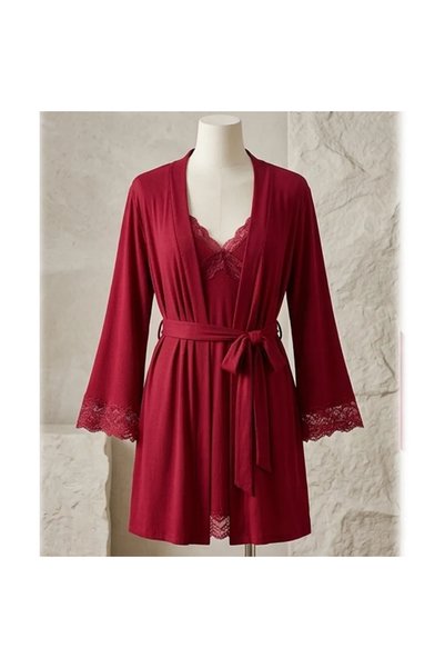Caprisious Ribbed Nightgown & Robe Set with Lace Trim – Red