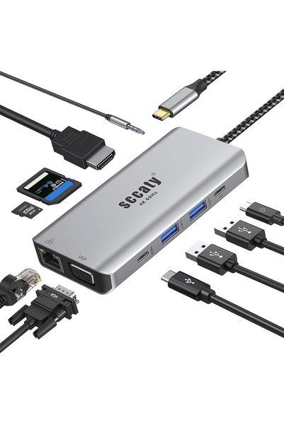 SCCATY محور USB-C متعدد الوظائف 10 في 1، مزود بمنفذ HDMI بدقة 4K وتردد 60 هرت...