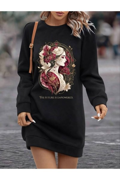 JANTIL MODA Γυναικεία μαύρη τουνίκ με μακρύ μανίκι, oversized, μήκους 90 εκ.,...