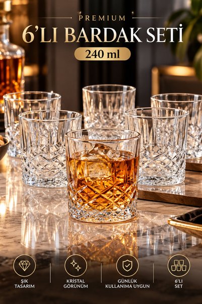 Mutfiko Premium 6'lı Cam Su ve İçecek Bardağı 240 ml – Elmas Kesim Desenli Kr...