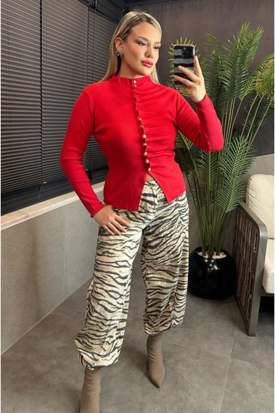 MİR STORE Kırmızı Büzgü Detaylı Triko Hırka