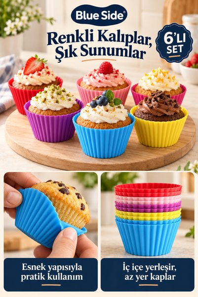 BLUE SİDE 6’lı Silikon Muffin ve Cupcake Kalıbı Seti – Renkli, Esnek Mini Kek Kalıpları