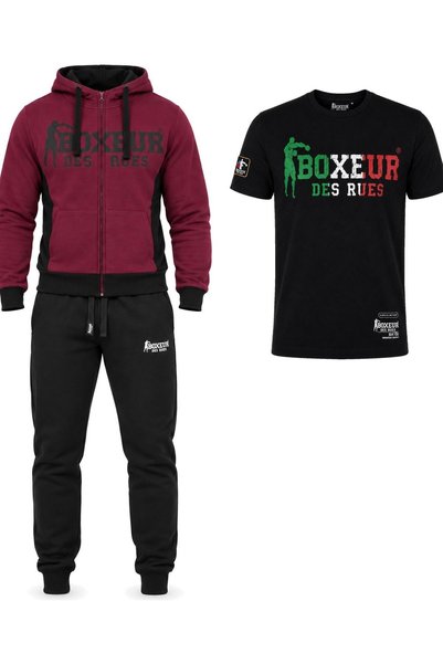 Boxeur Des Rues Set de iarnă: Hanorac cu fermoar bordo/negru + Pantaloni negr...