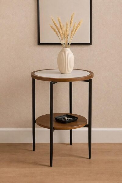 Generic Round Side Table with White Marble Inspired Top and Wooden Shelf (55 ...