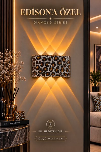 Edison Pilli Aplik Kablosuz LED Duvar Lambası Turuncu Leopar Kristal Taşlı Öz...