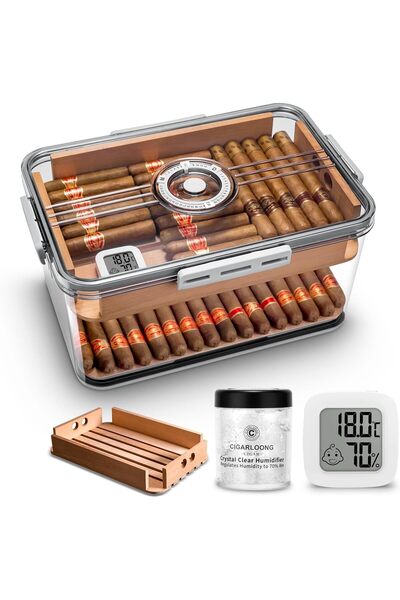 Generic صندوق تخزين السيجار كبير يتسع لـ 80-100 سيجار، مع رف مدمج من خشب الأر...