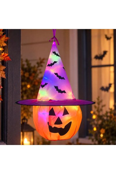 SHOPIENS Decoratiune halloween suspendabila dovleac palarie LED 39x55 cm poli...