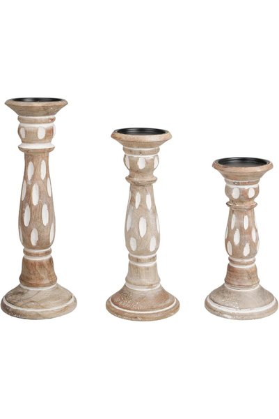 Generic Set of 3 White Wash Farmhouse Wood Pillar Candle Holders - Handcrafte...