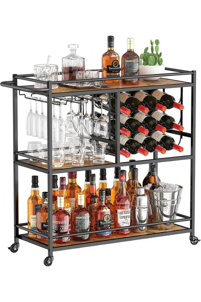 Generic Bar Cart for The Home, 3 Tier Drink Cart with Lockable Wheels, 12 Win...