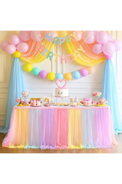 Generic Rainbow Table Skirt for Baby Shower Girl Birthday Party 9ft Tulle Tut...
