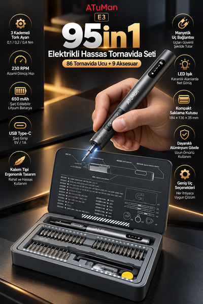 ATUMAN E3 95 in 1 Elektrikli Hassas Tornavida Seti 86 Uçlu 3 Kademeli Tork Ayar Kalem Tipi Şarjlı Tamir Kiti