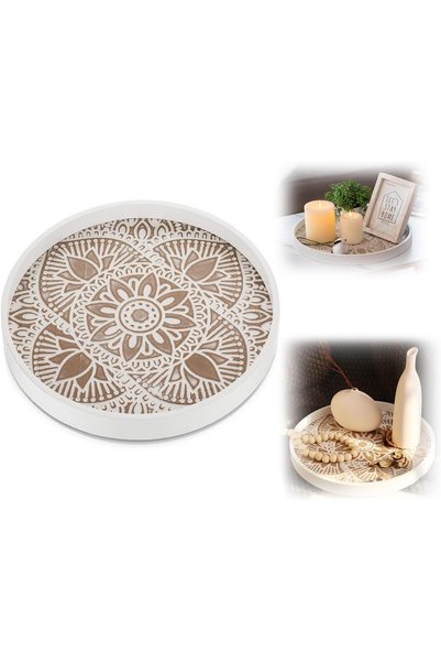 Generic Round Decorative Serving Tray, Farmhouse Boho Mandala Tray in White, ...