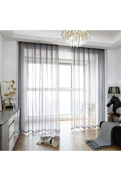 Generic Window Sheer Gray Curtains 130 Inches Long 2 Panels Sheer Curtains Sh...