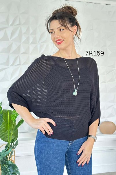 İnce Topuk Batwing Collar Openwork Knit Blouse 7K159