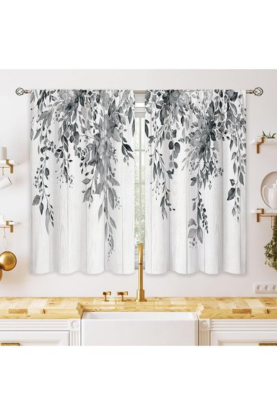 Generic Farmhouse Grey Eucalyptus Small Kitchen Curtains Leaves Window Treatm...