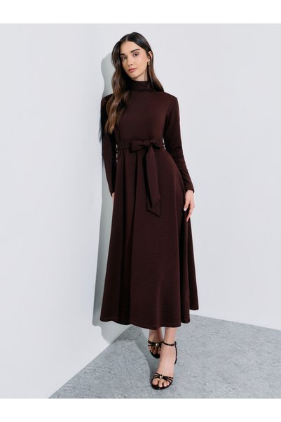 Styli Brown Textured Knit Maxi Dress with Tie-Belt