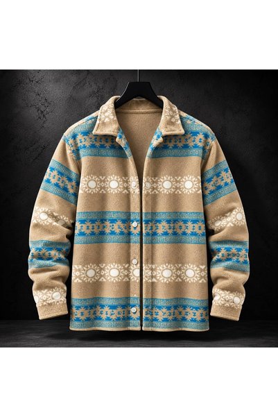 THE KAPLAN CLOTHING Erkek Polar Gömlek Bej Mavi Desenli Düğmeli Uzun Kollu Yu...