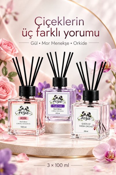 Rosie Gül Mor Menekşe Orkide 3’lü Çubuklu Oda Kokusu 100 ml