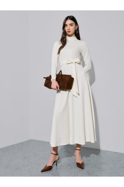 Styli Off White Textured Knit Maxi Dress with Tie-Belt
