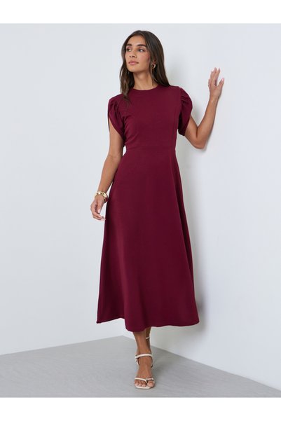 Styli Maroon A-Line Midi Dress with Tulip Sleeves