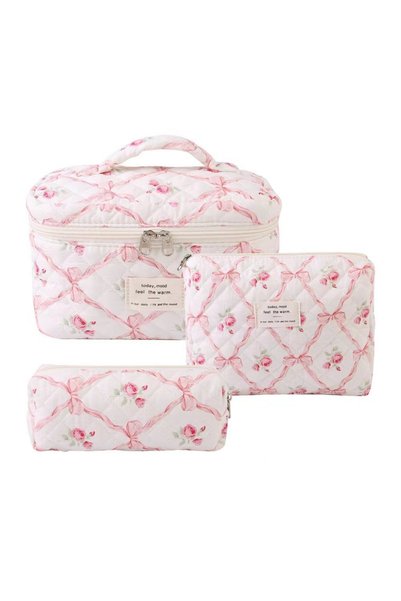 Generic Brand Set de 3 genți roz din bumbac pentru machiaj și articole de toa...