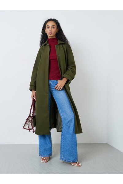Styli Olive Wool Look Midi Coat with Tie-Belt
