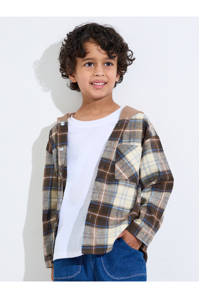 Styli Boys Brown Checked Hooded Jacket with Buttons